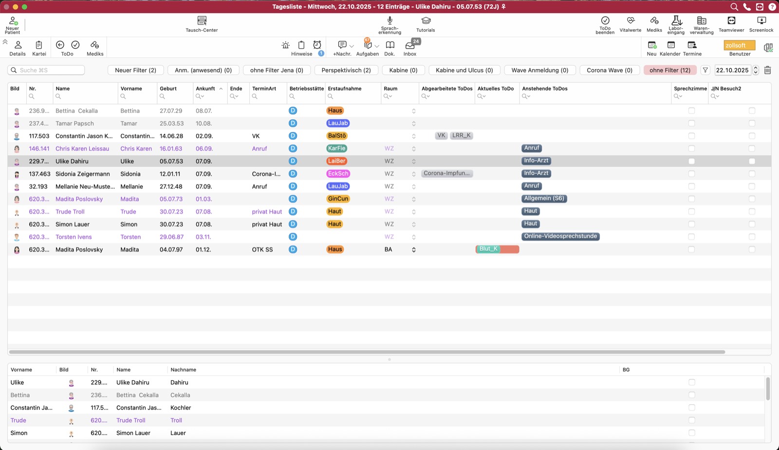 tomedo® Tagesliste mit Terminen, Aufgaben und Patientenstatus